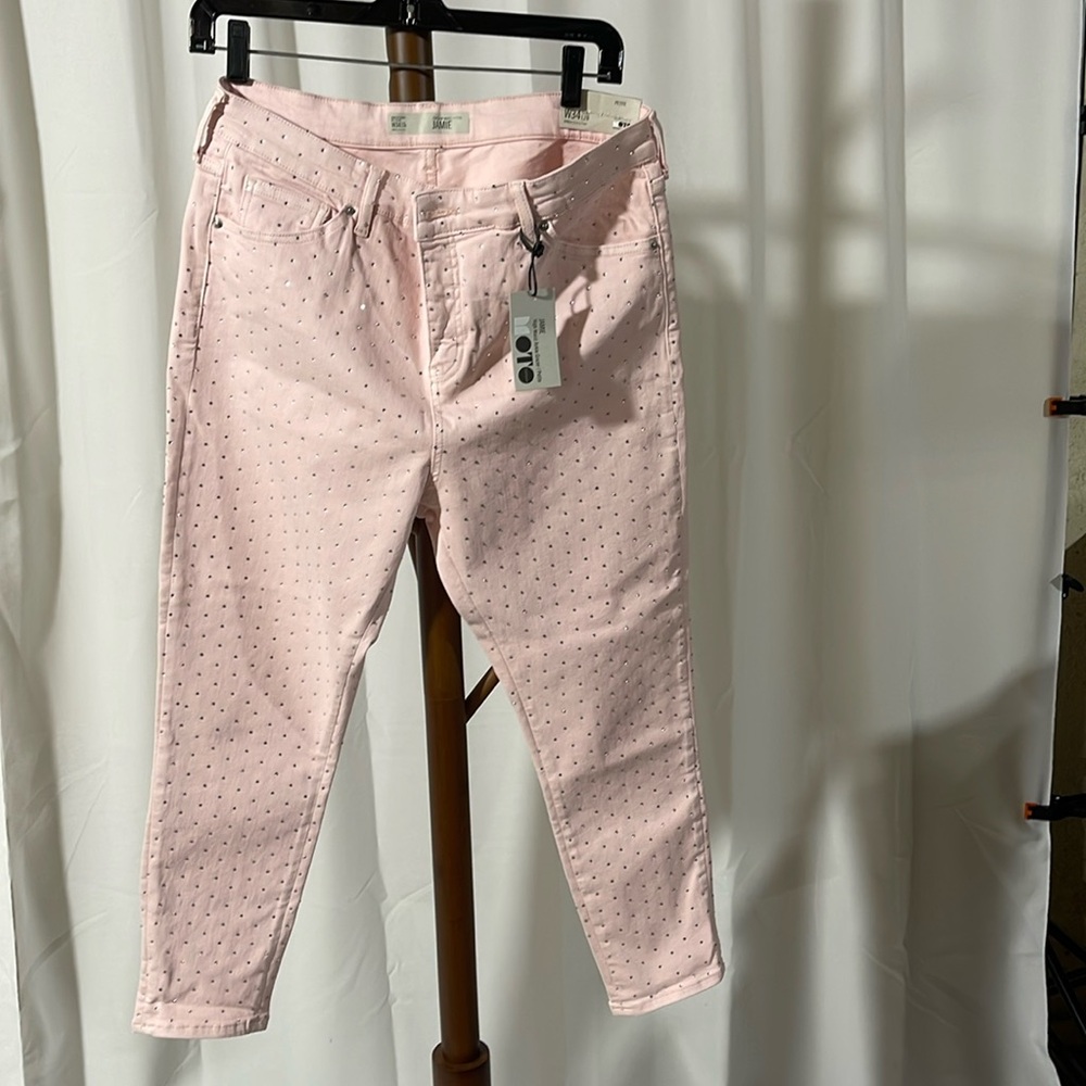 TOPSHOP PETITE ROCKABILLY PINK RHINESTONED ANKLE GRAZER JEANS 34/28 NEW